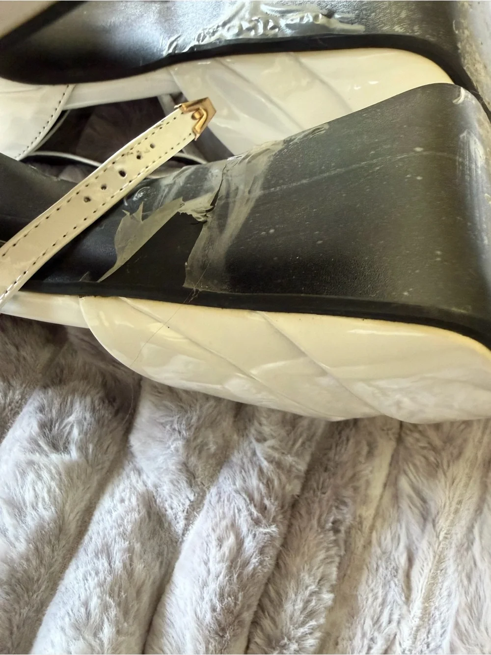 White Patent Platform Mary Jane Heels with Gold Buckles